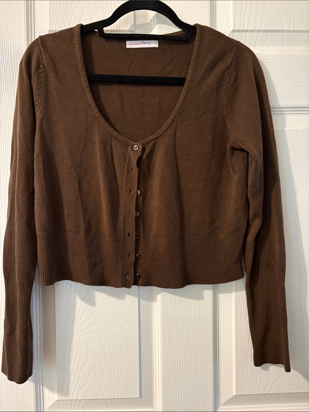 Papaya Brown Scoop Neck Cropped Button-Front Cardigan